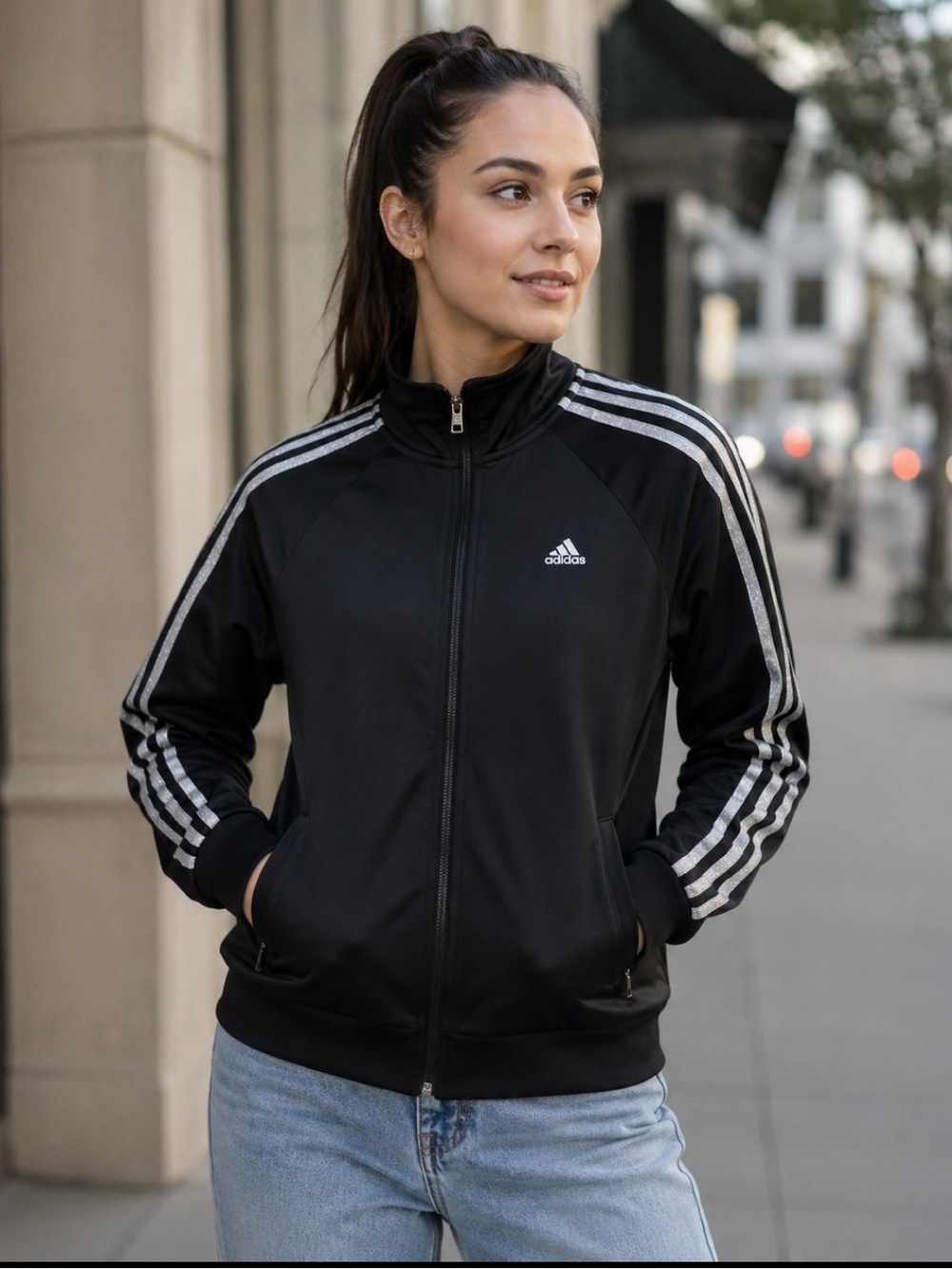 Adidas Women's Black Track Jacket with Silver Glitter 3-Stripes | Full Zip |